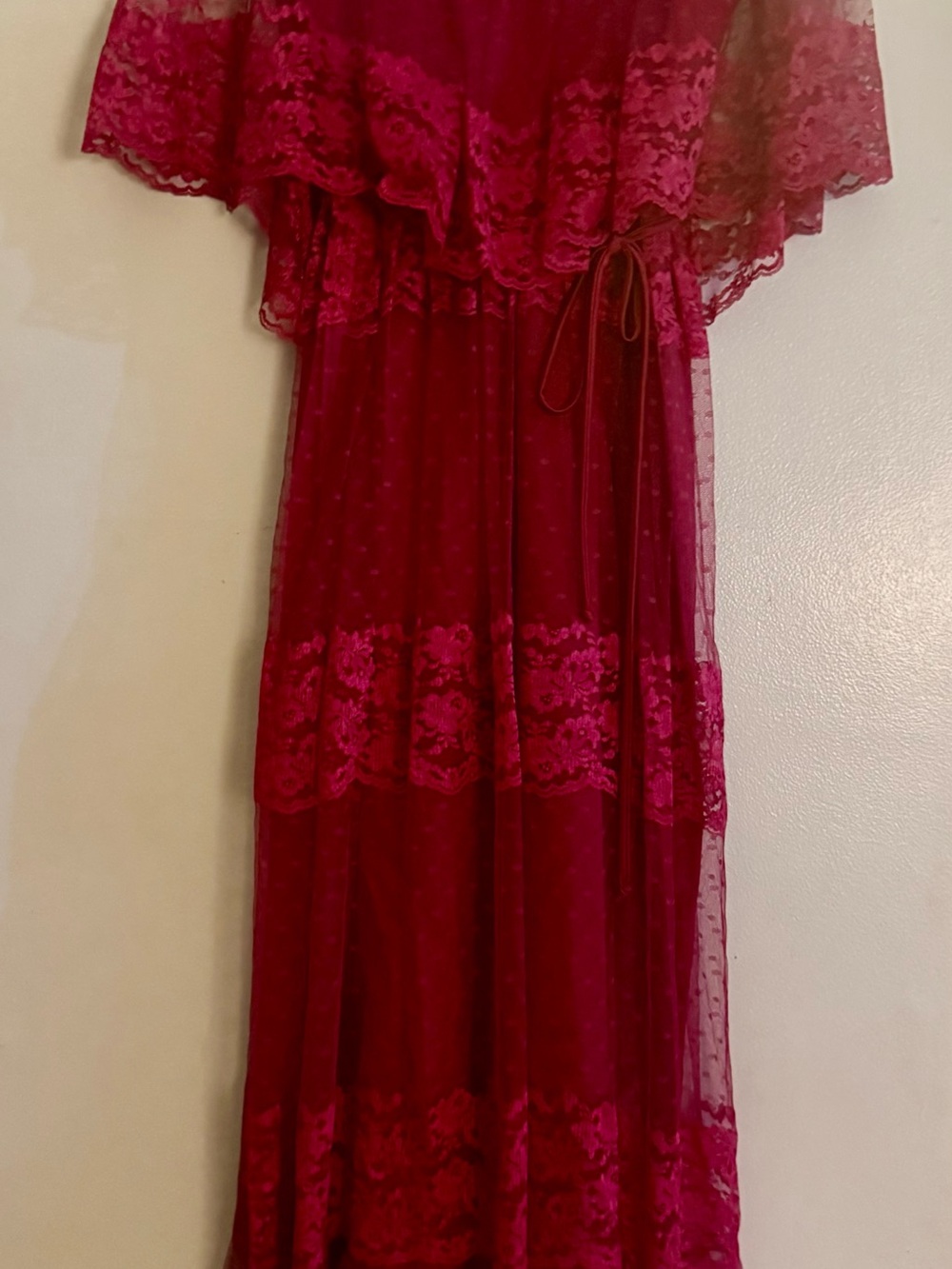 Vintage Victorian Revival Lace Maxi Dress Garnet Red Prairie Ruffle Gown S